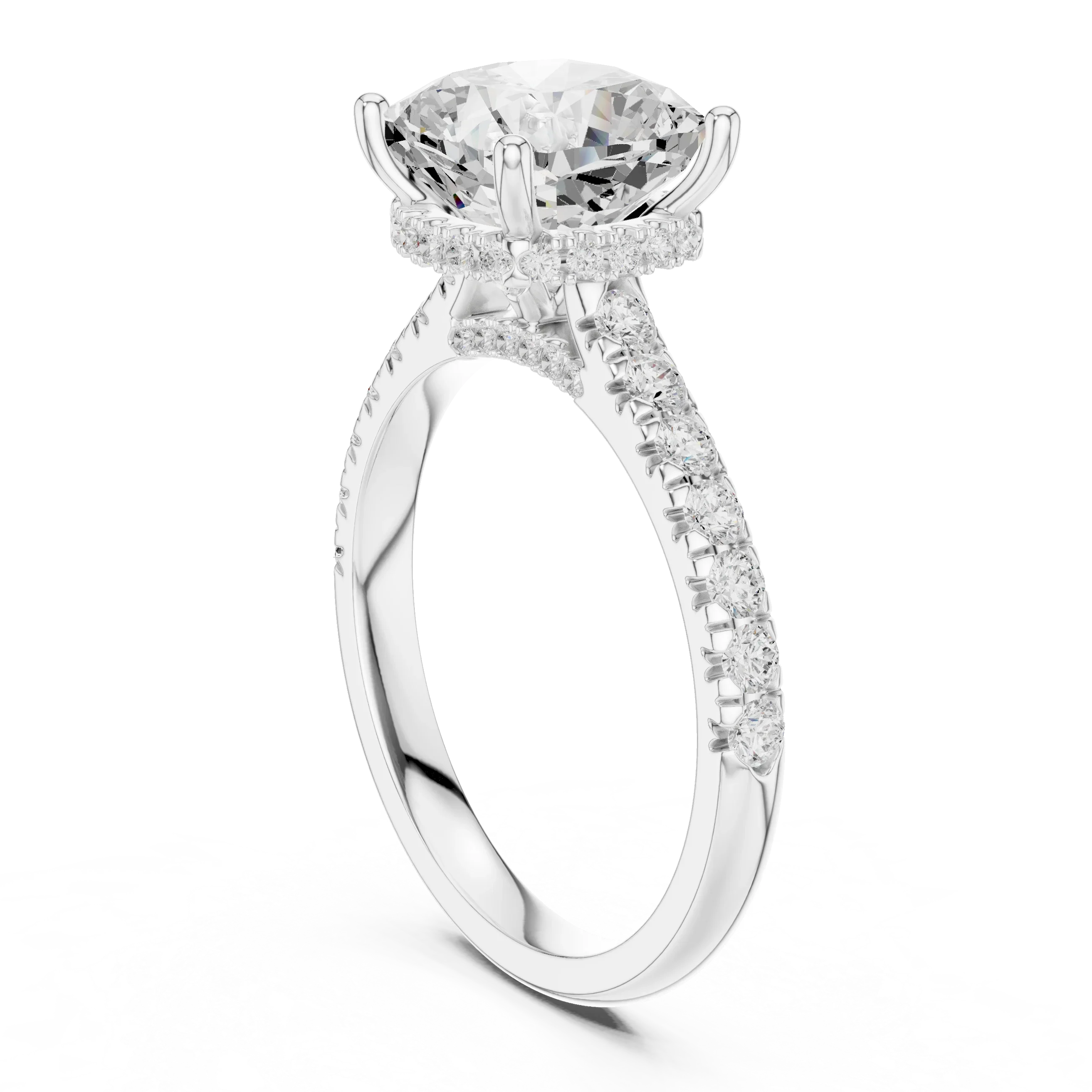 3.67 CTW Cushion Moissanite Cathedral Engagement Diamond Ring with Slim Micropavé Band in 18K White Gold