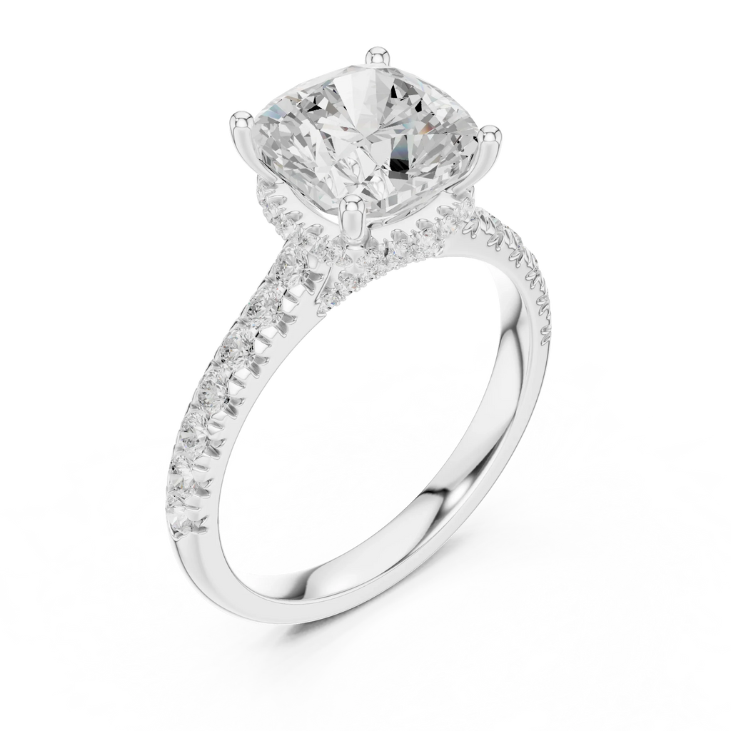 3.67 CTW Cushion Moissanite Cathedral Engagement Diamond Ring with Slim Micropavé Band in 18K White Gold