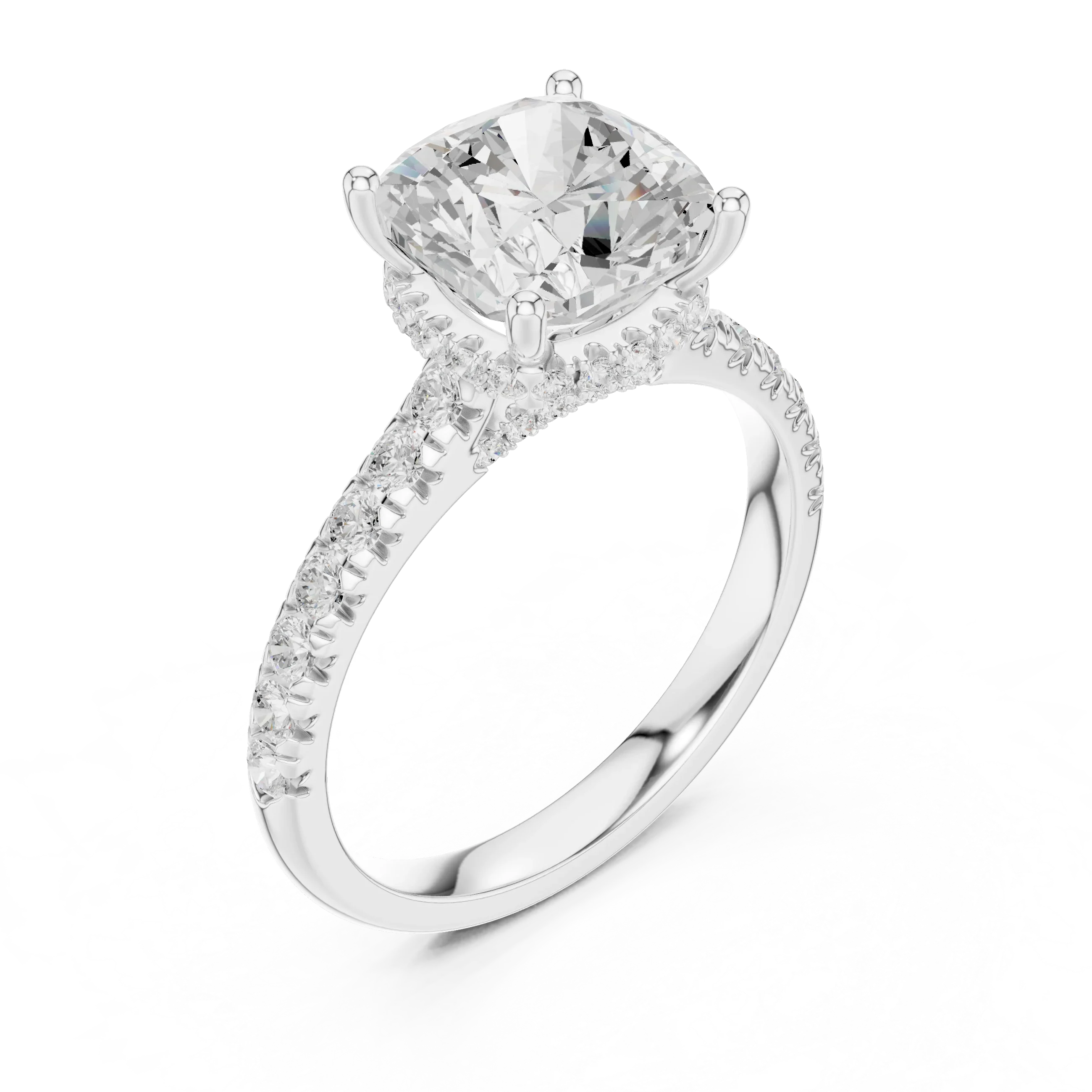 3.67 CTW Cushion Moissanite Cathedral Engagement Diamond Ring with Slim Micropavé Band in 18K White Gold