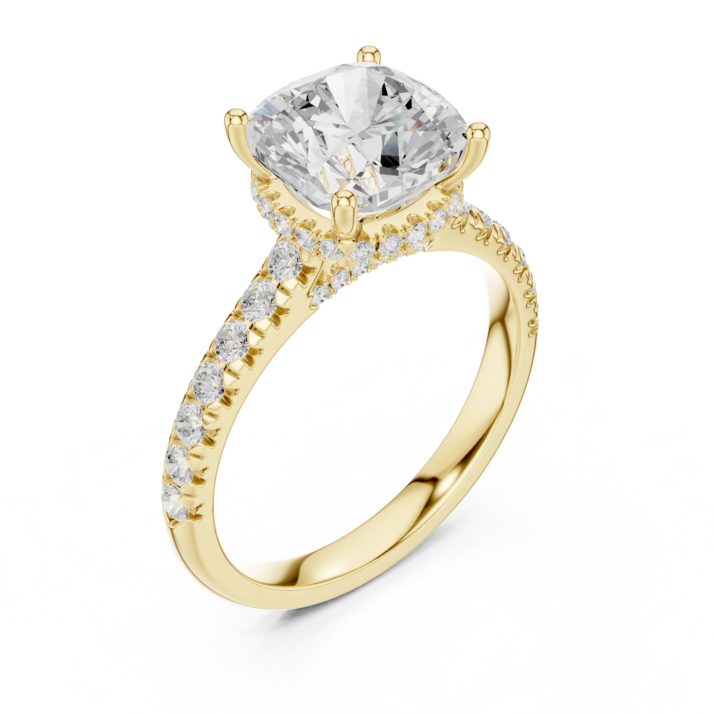 3.67 CTW Cushion Moissanite Cathedral Engagement Diamond Ring with Slim Micropavé Band in 18K White Gold