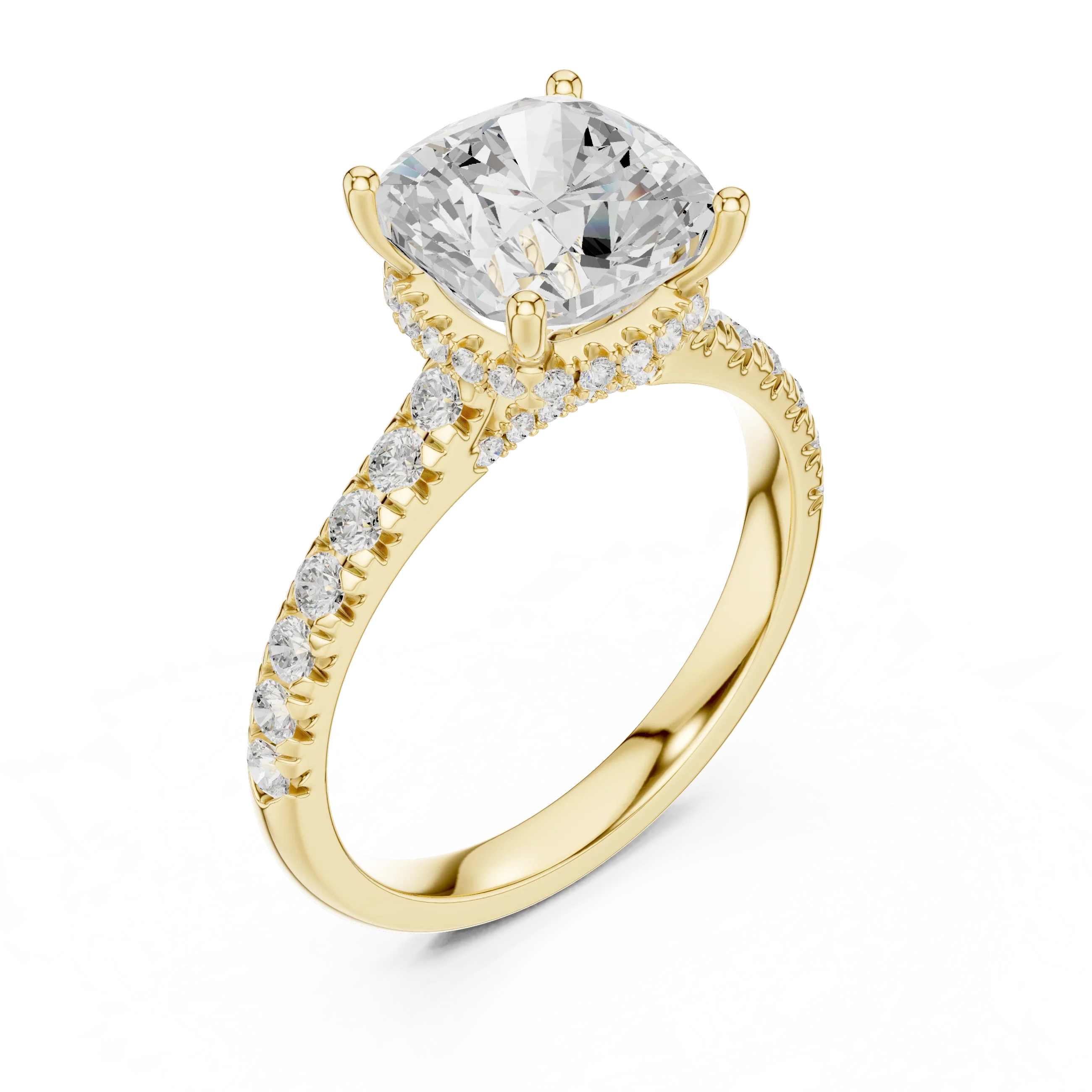 3.67 CTW Cushion Moissanite Cathedral Engagement Diamond Ring with Slim Micropavé Band in 18K White Gold