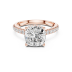 3.67 CTW Cushion Moissanite Cathedral Engagement Diamond Ring with Slim Micropavé Band in 18K White Gold
