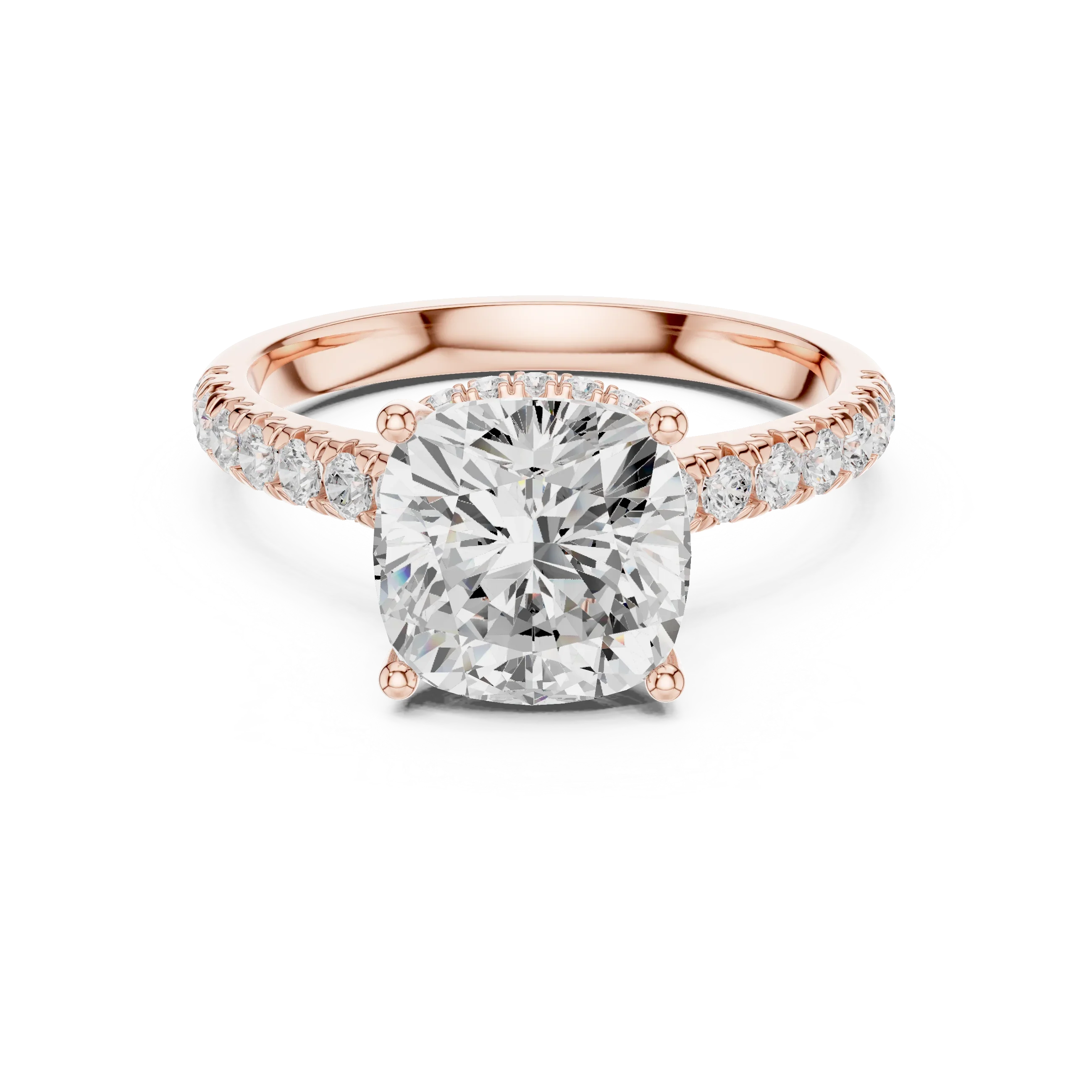 3.67 CTW Cushion Moissanite Cathedral Engagement Diamond Ring with Slim Micropavé Band in 18K White Gold