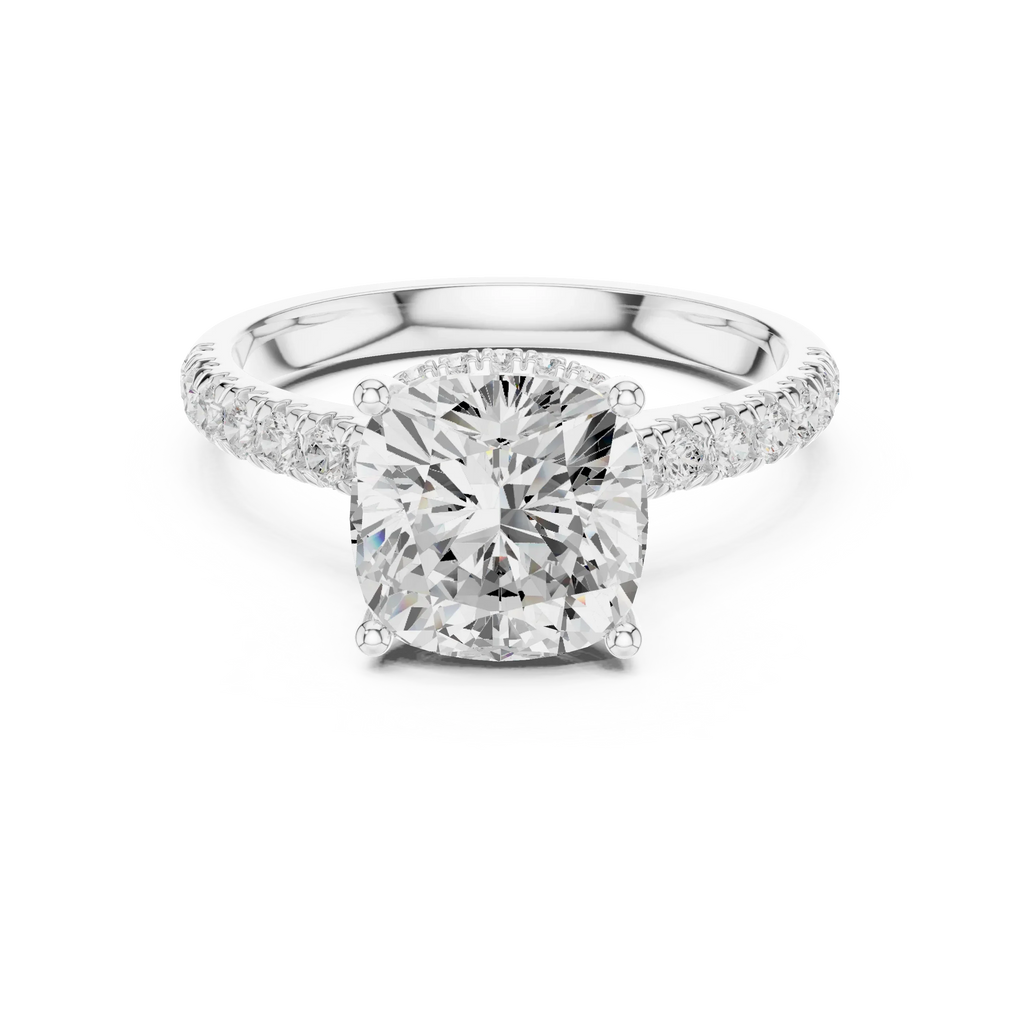 3.67 CTW Cushion Moissanite Cathedral Engagement Diamond Ring with Slim Micropavé Band in 18K White Gold