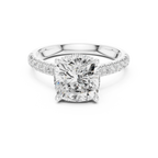 3.67 CTW Cushion Moissanite Cathedral Engagement Diamond Ring with Slim Micropavé Band in 18K White Gold