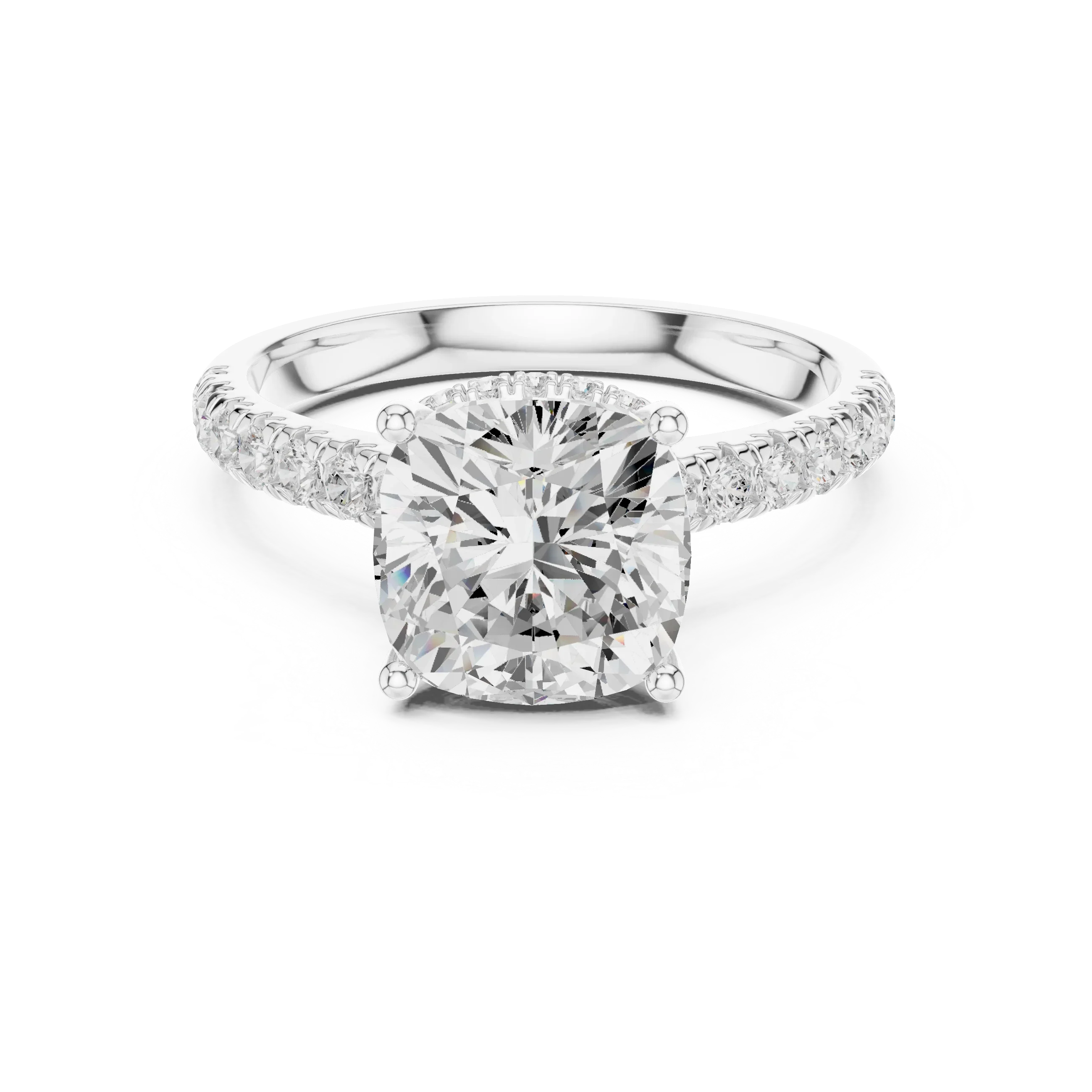 3.67 CTW Cushion Moissanite Cathedral Engagement Diamond Ring with Slim Micropavé Band in 18K White Gold