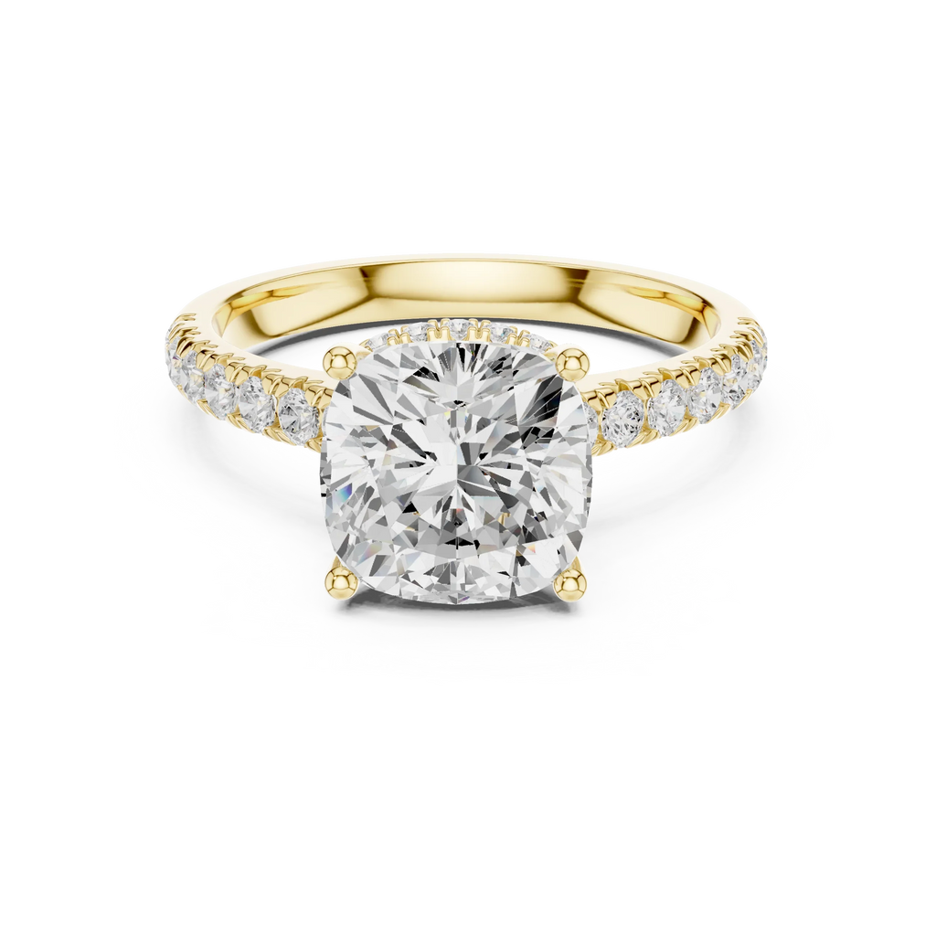 3.67 CTW Cushion Moissanite Cathedral Engagement Diamond Ring with Slim Micropavé Band in 18K White Gold