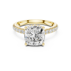 3.67 CTW Cushion Moissanite Cathedral Engagement Diamond Ring with Slim Micropavé Band in 18K White Gold