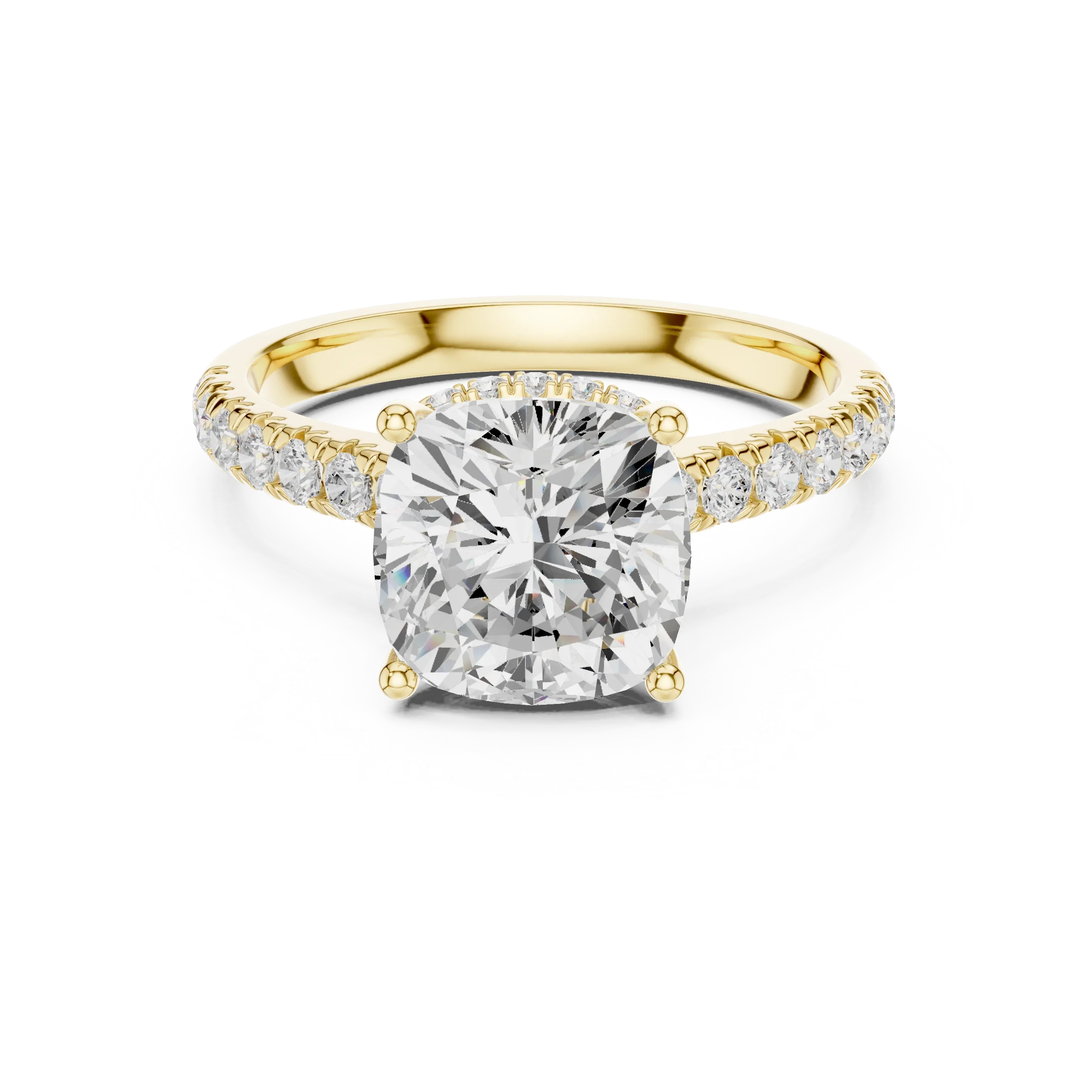 3.67 CTW Cushion Moissanite Cathedral Engagement Diamond Ring with Slim Micropavé Band in 18K White Gold