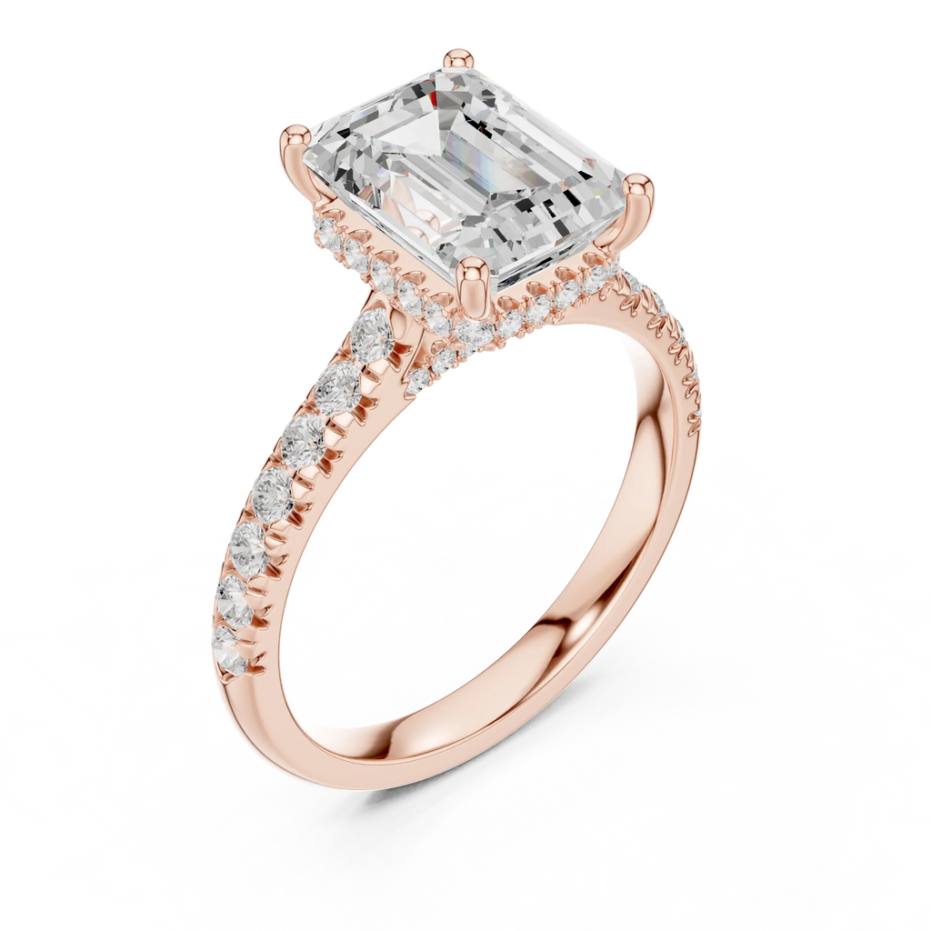 3.67 CTW Emerald Moissanite Cathedral Engagement Diamond Ring with Slim Micropavé Band in 18K White Gold