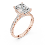 3.67 CTW Emerald Moissanite Cathedral Engagement Diamond Ring with Slim Micropavé Band in 18K White Gold