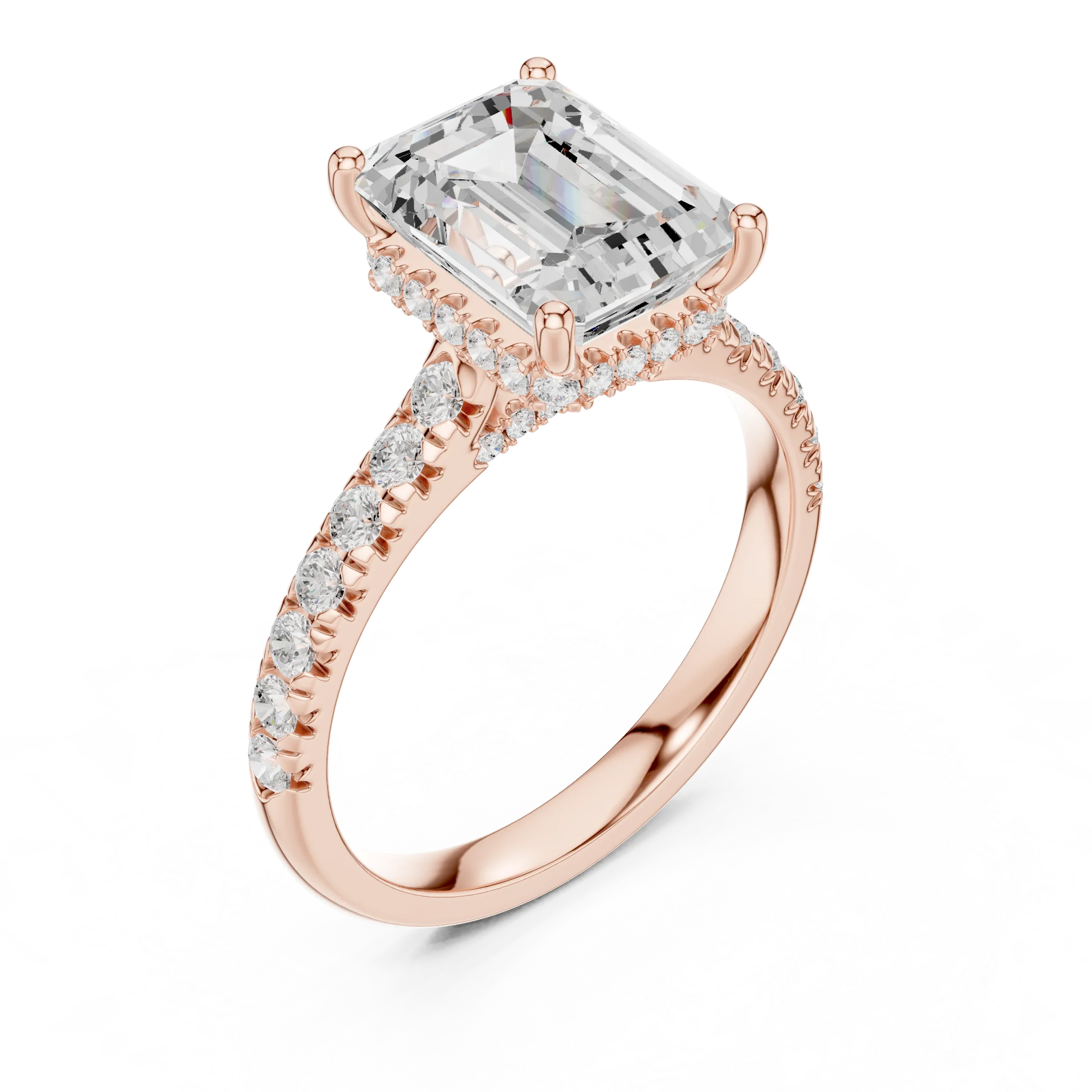 3.67 CTW Emerald Moissanite Cathedral Engagement Diamond Ring with Slim Micropavé Band in 18K White Gold