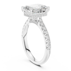 3.67 CTW Emerald Moissanite Cathedral Engagement Diamond Ring with Slim Micropavé Band in 18K White Gold
