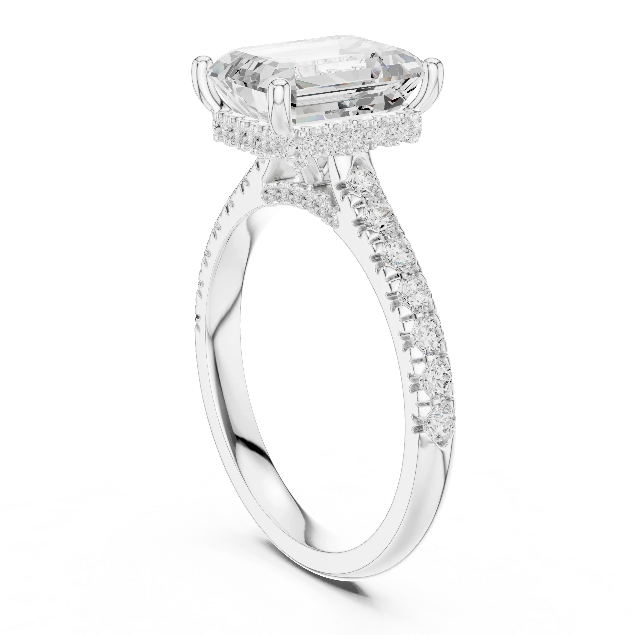 3.67 CTW Emerald Moissanite Cathedral Engagement Diamond Ring with Slim Micropavé Band in 18K White Gold