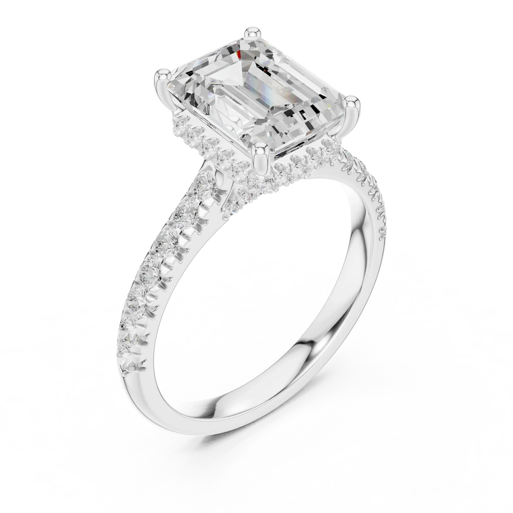 3.67 CTW Emerald Moissanite Cathedral Engagement Diamond Ring with Slim Micropavé Band in 18K White Gold