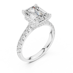 3.67 CTW Emerald Moissanite Cathedral Engagement Diamond Ring with Slim Micropavé Band in 18K White Gold