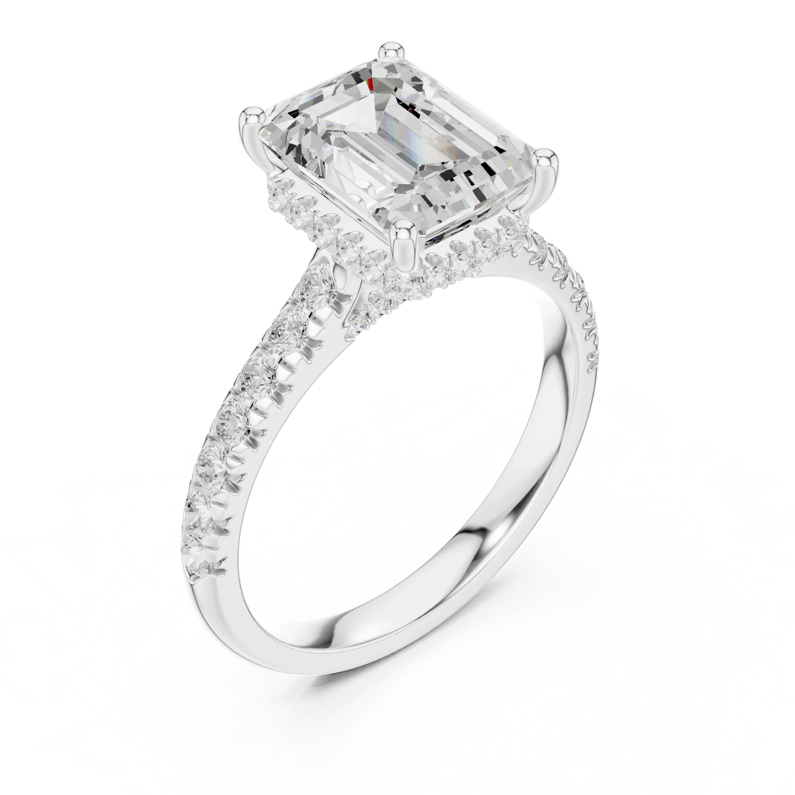 3.67 CTW Emerald Moissanite Cathedral Engagement Diamond Ring with Slim Micropavé Band in 18K White Gold