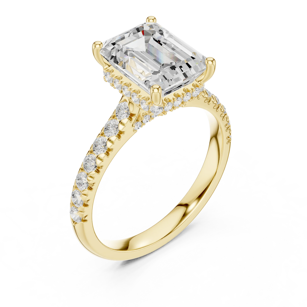 3.67 CTW Emerald Moissanite Cathedral Engagement Diamond Ring with Slim Micropavé Band in 18K White Gold
