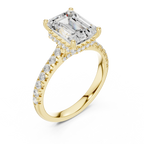 3.67 CTW Emerald Moissanite Cathedral Engagement Diamond Ring with Slim Micropavé Band in 18K White Gold
