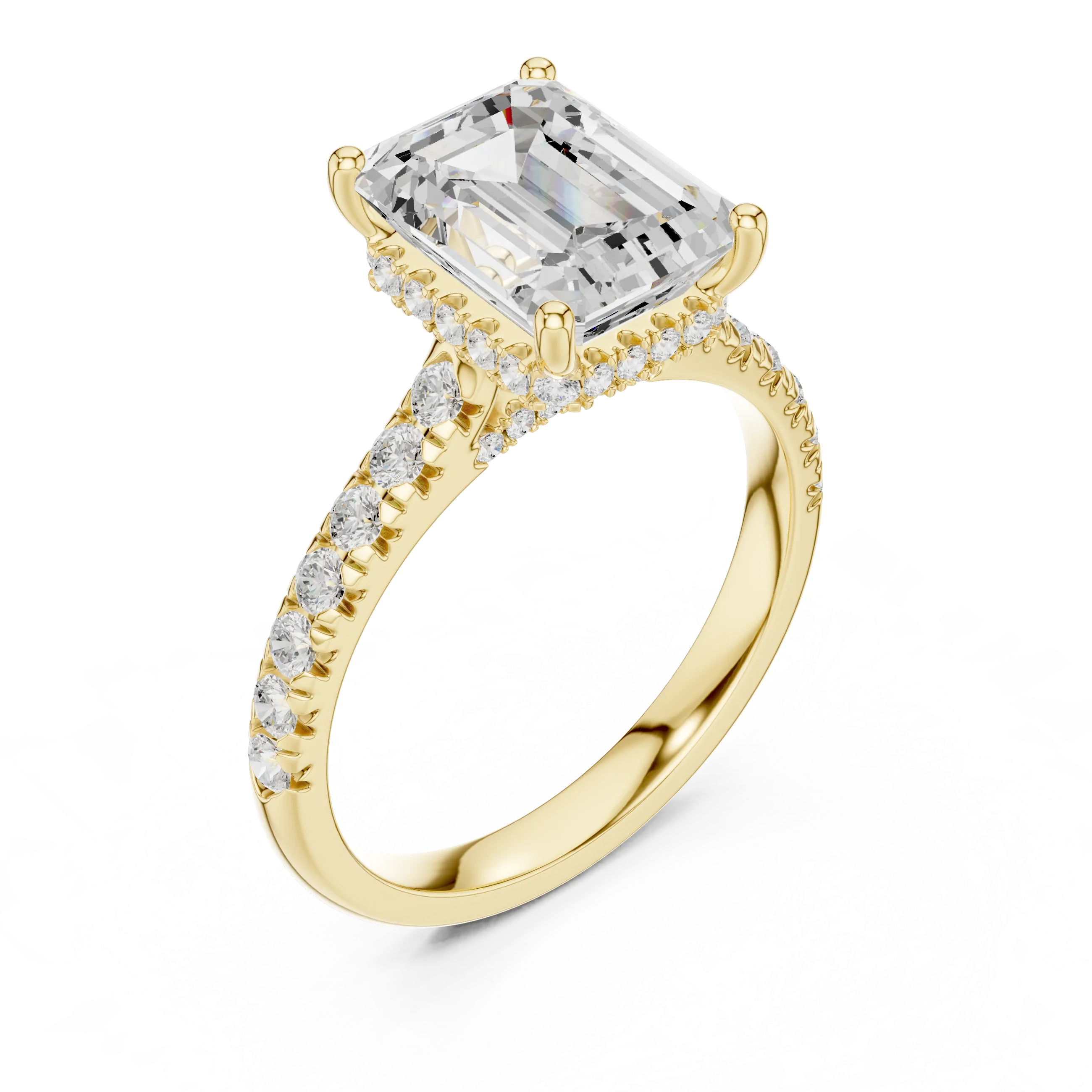3.67 CTW Emerald Moissanite Cathedral Engagement Diamond Ring with Slim Micropavé Band in 18K White Gold
