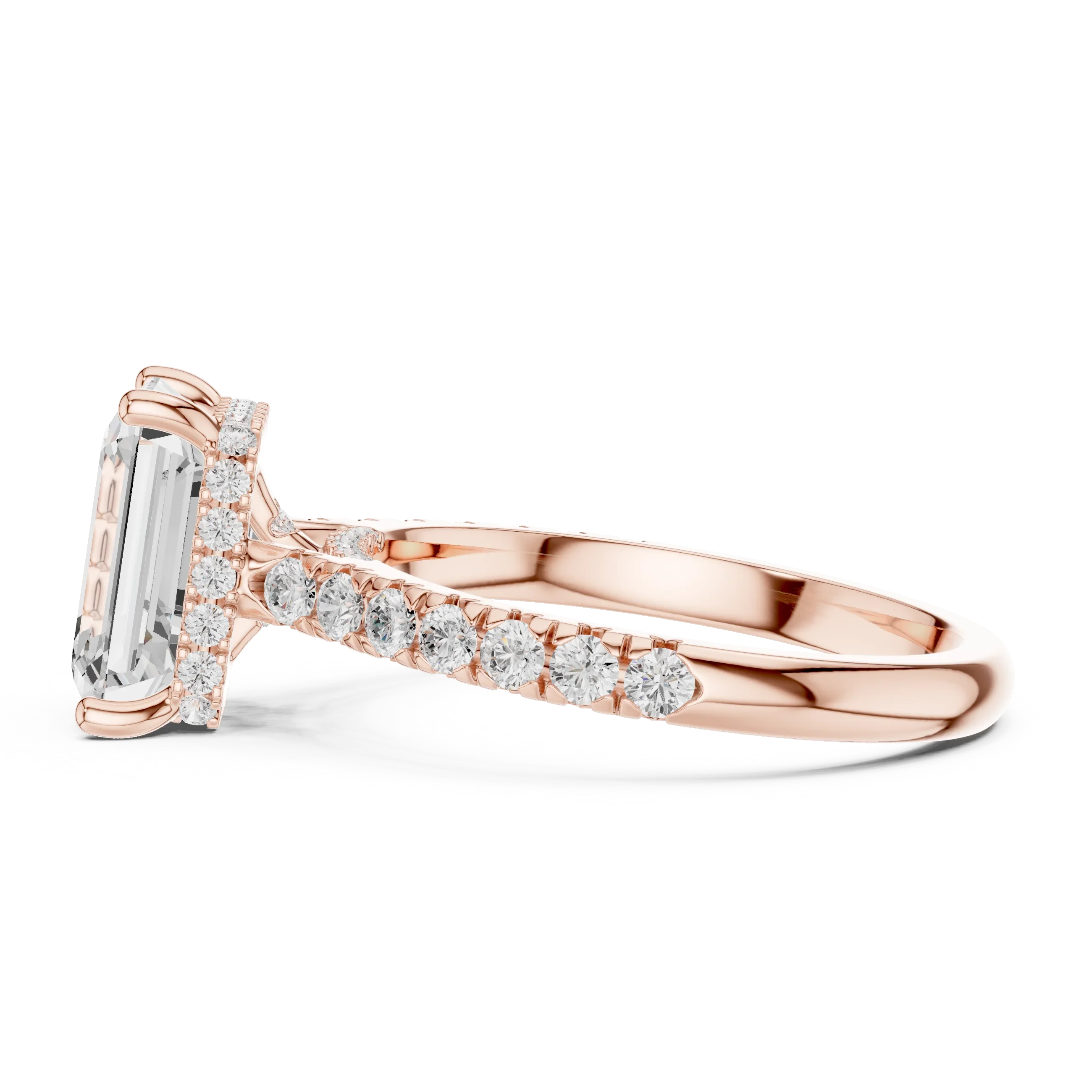 3.67 CTW Emerald Moissanite Cathedral Engagement Diamond Ring with Slim Micropavé Band in 18K White Gold