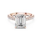 3.67 CTW Emerald Moissanite Cathedral Engagement Diamond Ring with Slim Micropavé Band in 18K White Gold