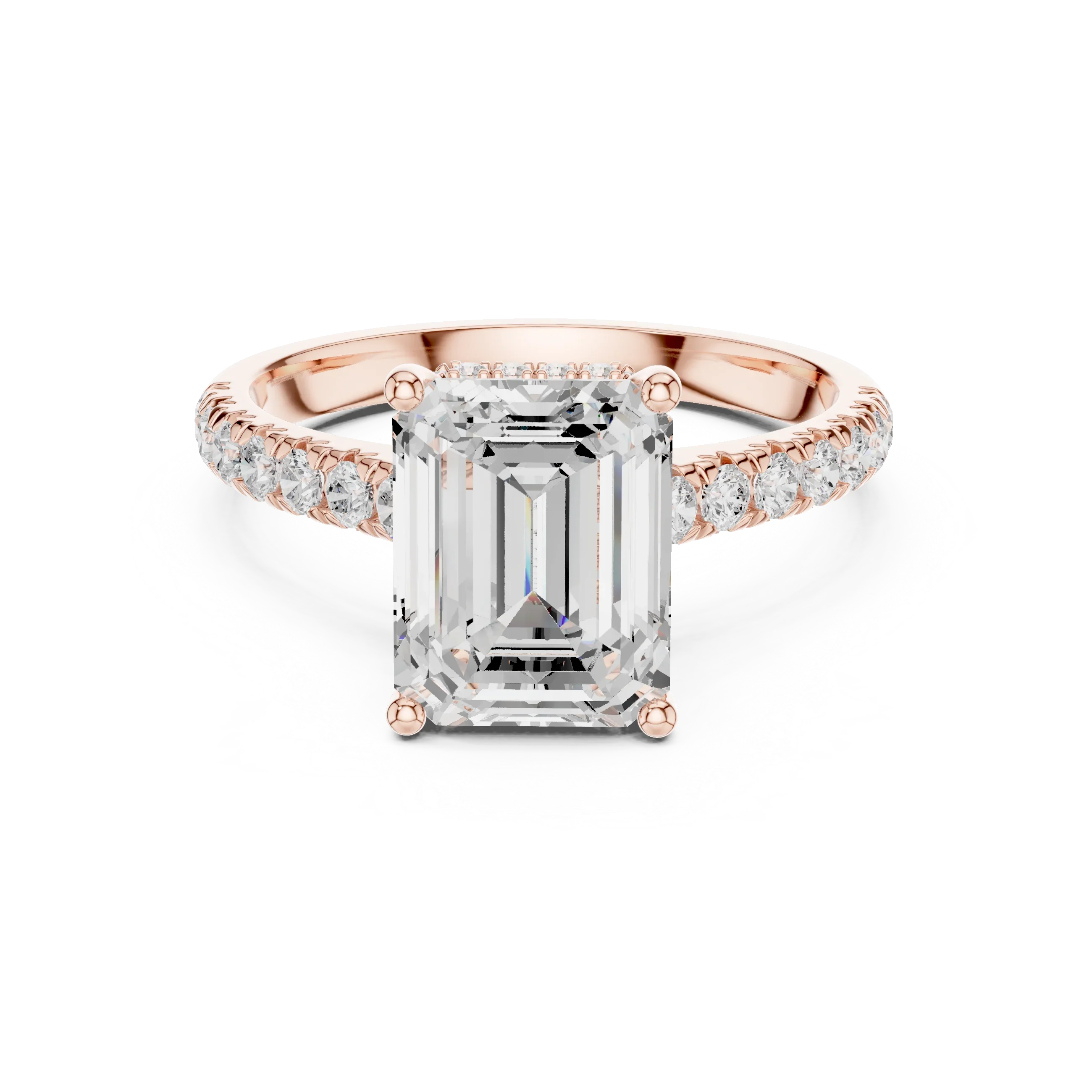 3.67 CTW Emerald Moissanite Cathedral Engagement Diamond Ring with Slim Micropavé Band in 18K White Gold
