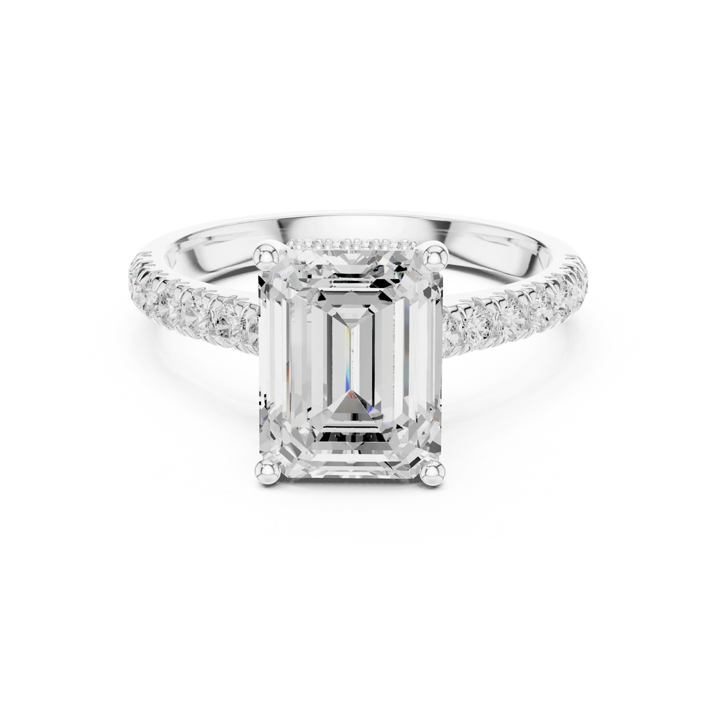 3.67 CTW Emerald Moissanite Cathedral Engagement Diamond Ring with Slim Micropavé Band in 18K White Gold