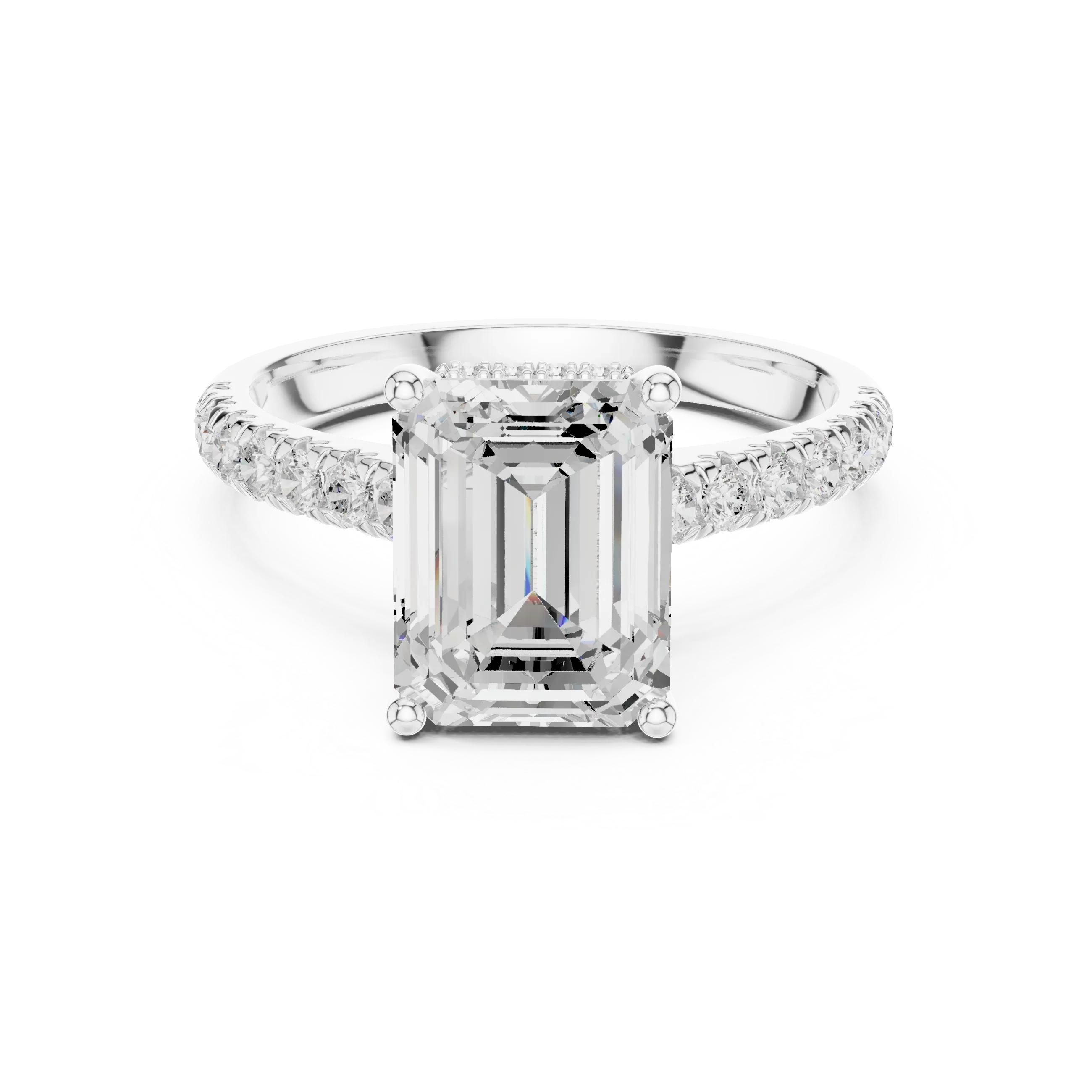 3.67 CTW Emerald Moissanite Cathedral Engagement Diamond Ring with Slim Micropavé Band in 18K White Gold