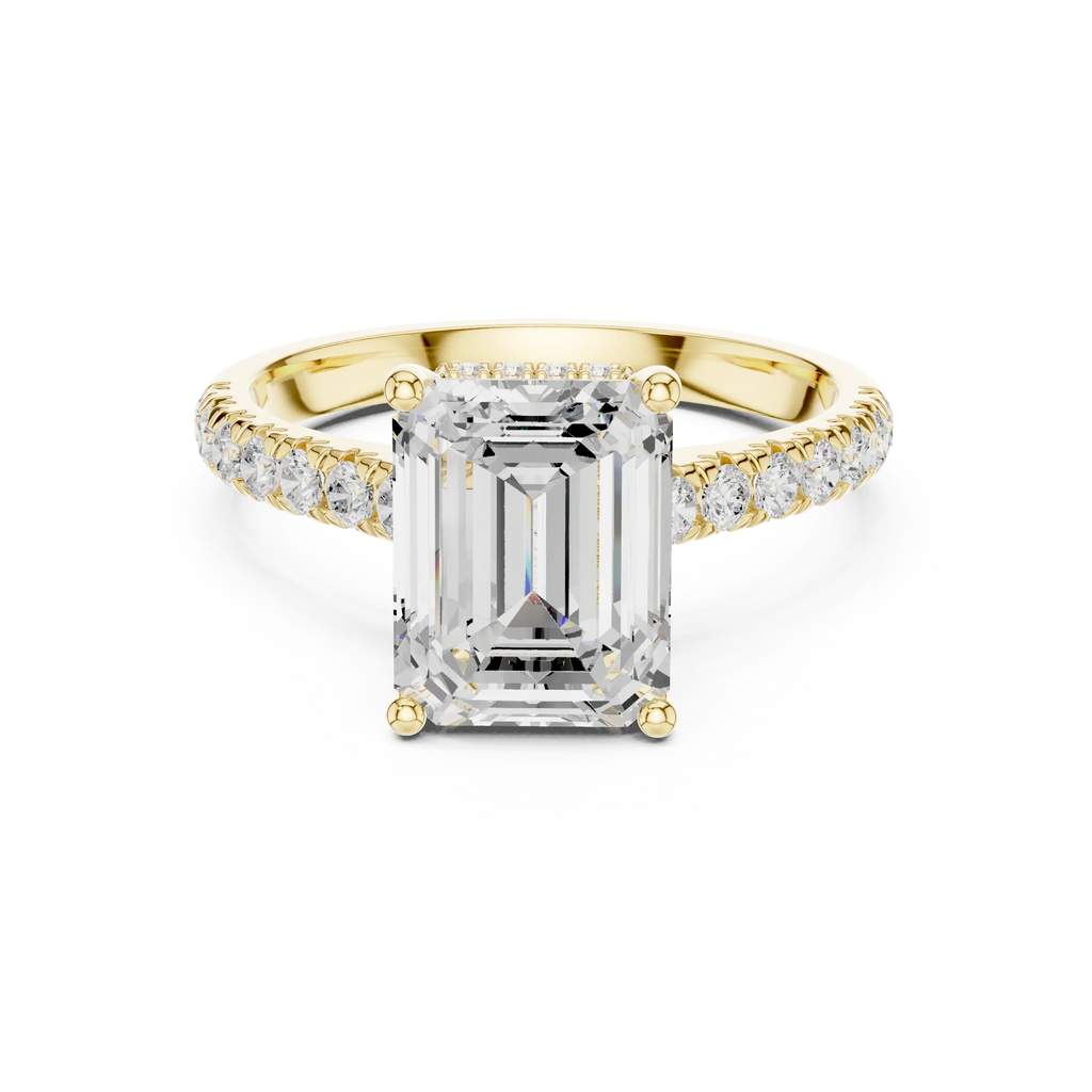 3.67 CTW Emerald Moissanite Cathedral Engagement Diamond Ring with Slim Micropavé Band in 18K White Gold