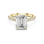 3.67 CTW Emerald Moissanite Cathedral Engagement Diamond Ring with Slim Micropavé Band in 18K White Gold