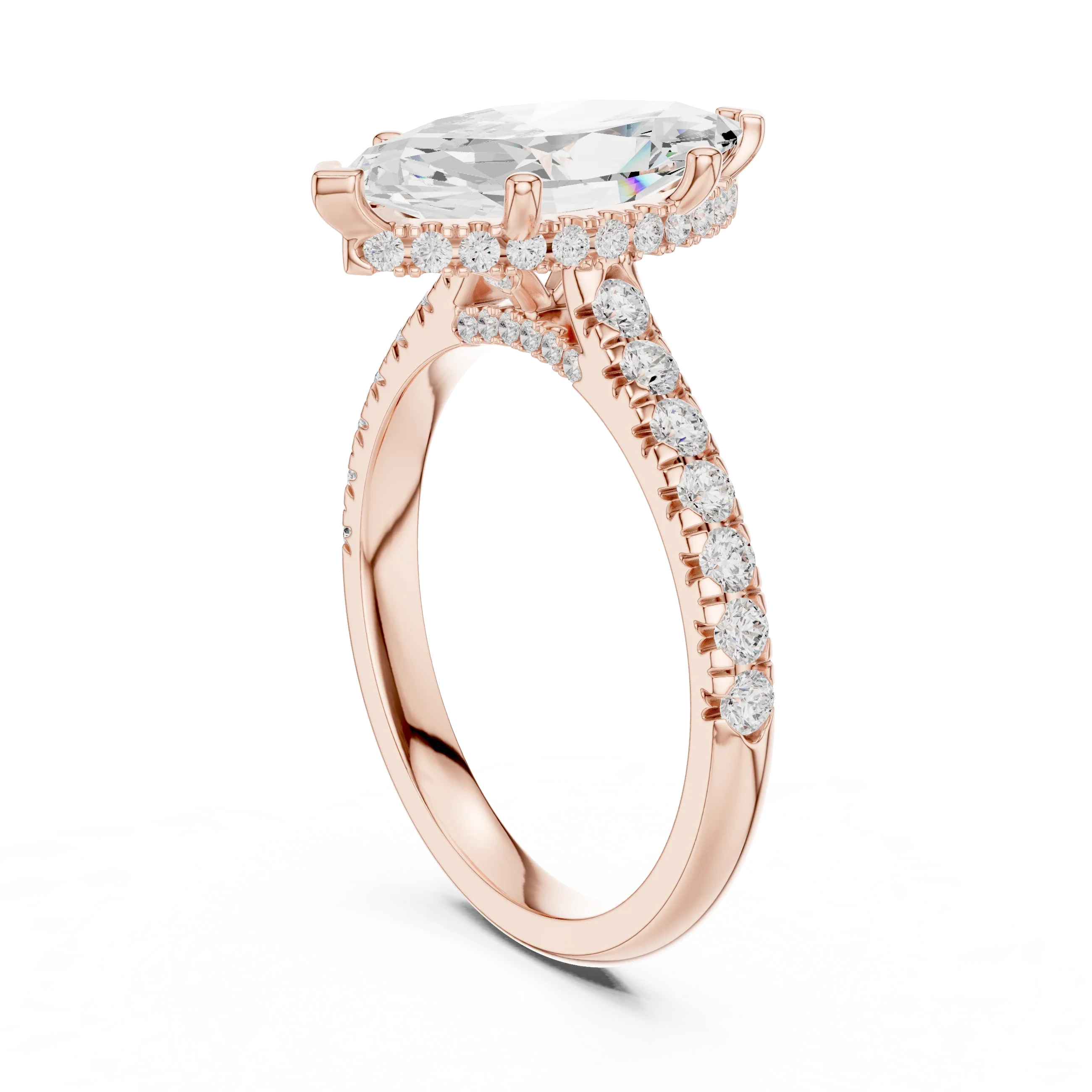 3.67 CTW Marquise Moissanite Cathedral Engagement Diamond Ring with Slim Micropavé Band in 18K White Gold
