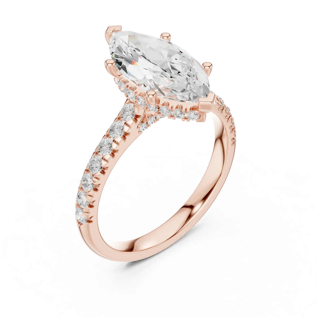3.67 CTW Marquise Moissanite Cathedral Engagement Diamond Ring with Slim Micropavé Band in 18K White Gold