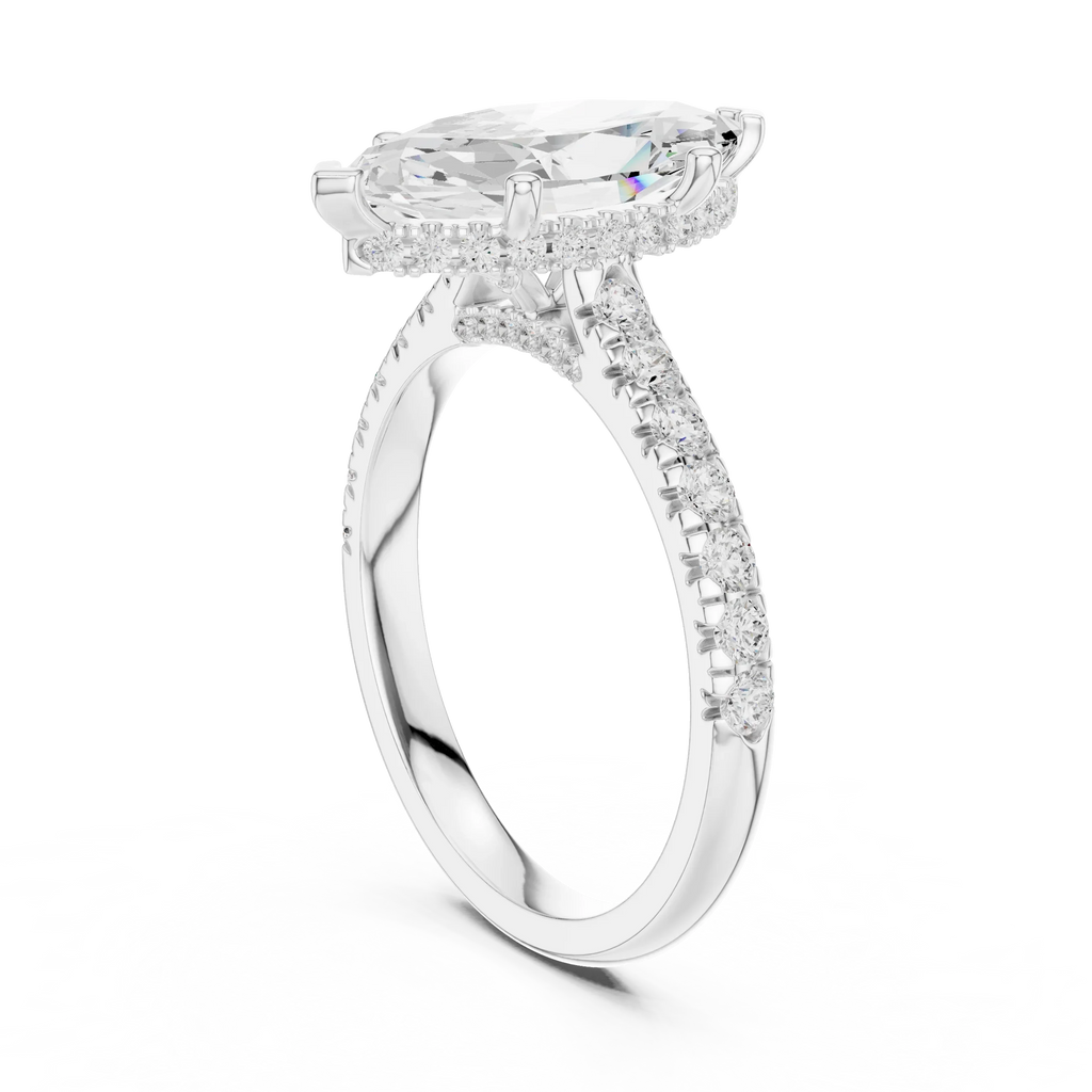 3.67 CTW Marquise Moissanite Cathedral Engagement Diamond Ring with Slim Micropavé Band in 18K White Gold