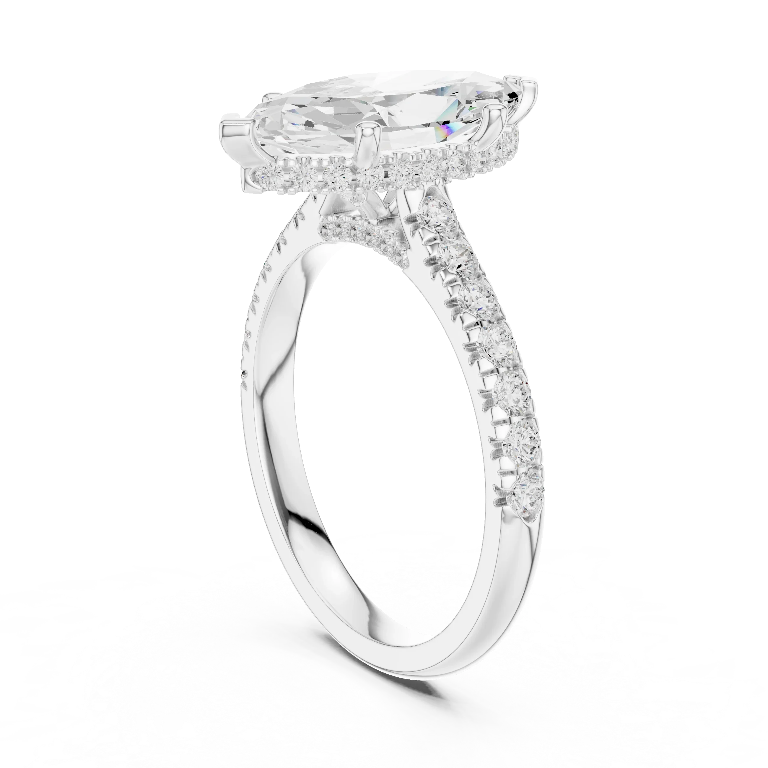 3.67 CTW Marquise Moissanite Cathedral Engagement Diamond Ring with Slim Micropavé Band in 18K White Gold