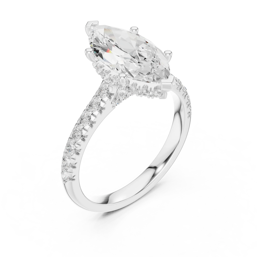 3.67 CTW Marquise Moissanite Cathedral Engagement Diamond Ring with Slim Micropavé Band in 18K White Gold