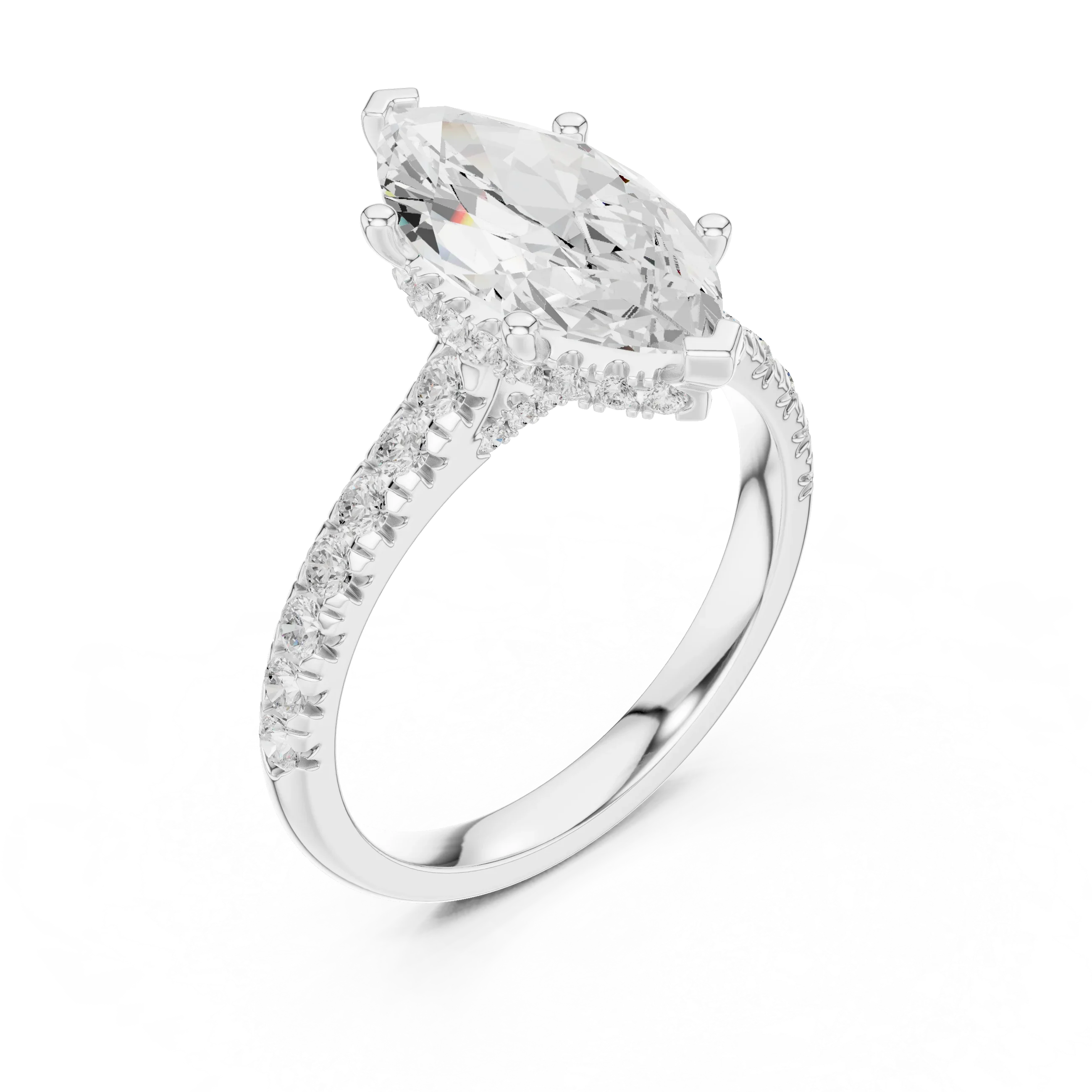 3.67 CTW Marquise Moissanite Cathedral Engagement Diamond Ring with Slim Micropavé Band in 18K White Gold
