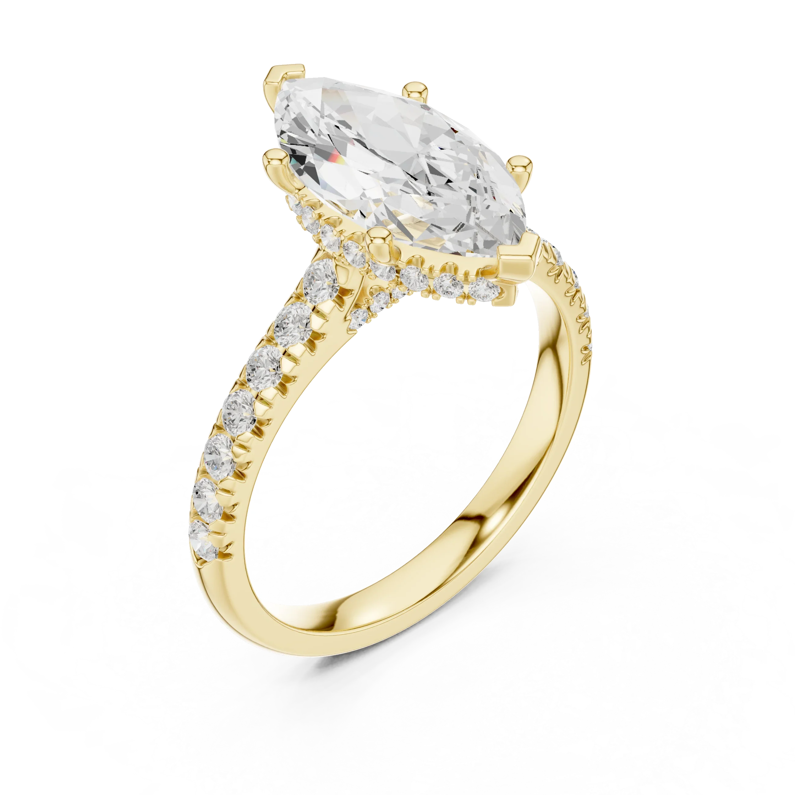 3.67 CTW Marquise Moissanite Cathedral Engagement Diamond Ring with Slim Micropavé Band in 18K White Gold