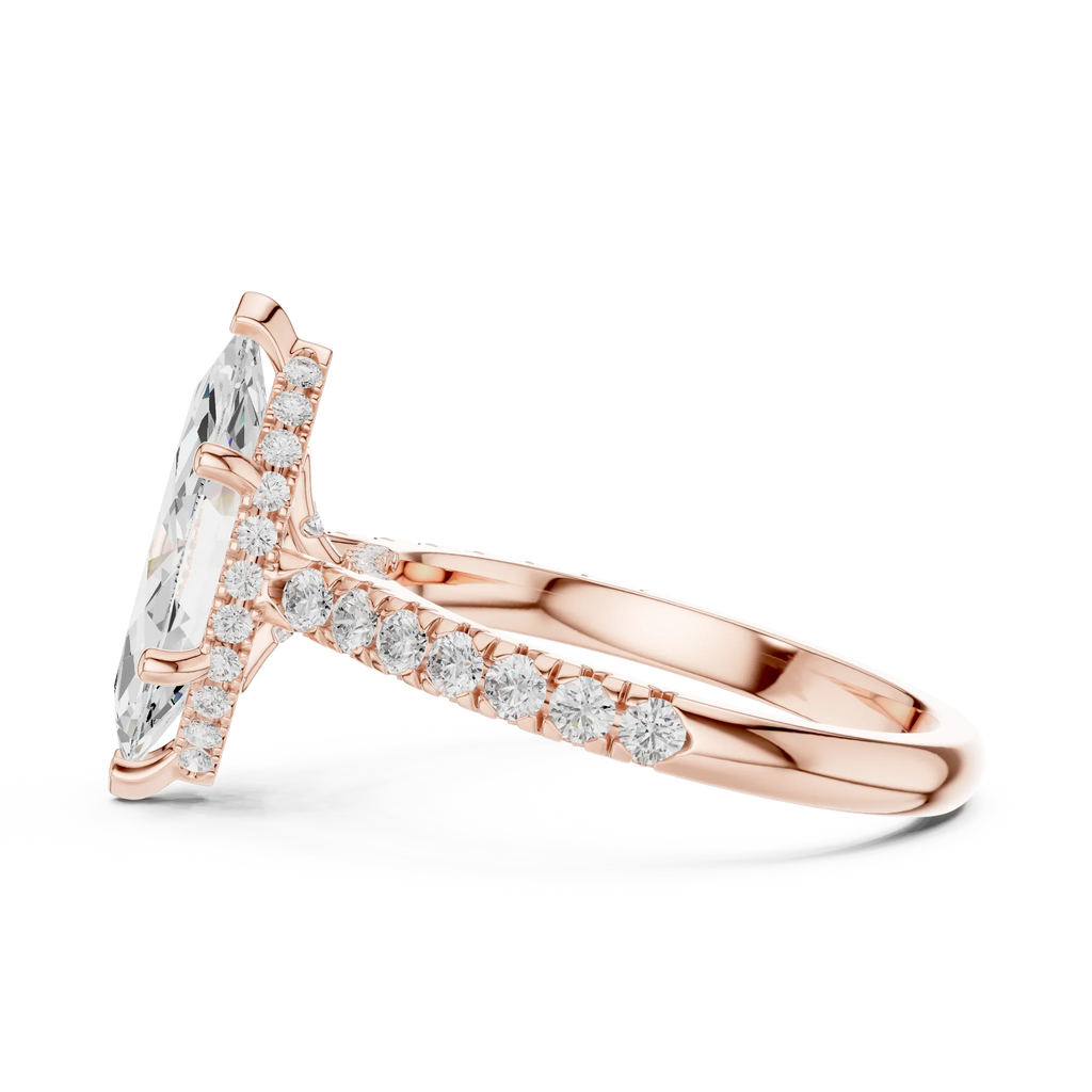 3.67 CTW Marquise Moissanite Cathedral Engagement Diamond Ring with Slim Micropavé Band in 18K White Gold