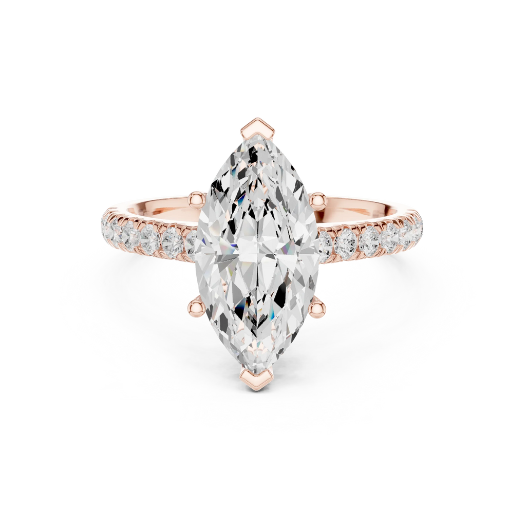 3.67 CTW Marquise Moissanite Cathedral Engagement Diamond Ring with Slim Micropavé Band in 18K White Gold