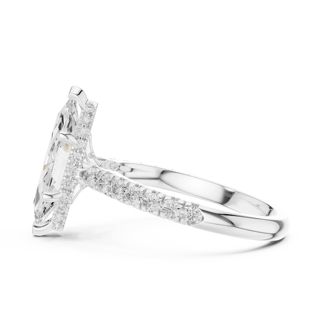 3.67 CTW Marquise Moissanite Cathedral Engagement Diamond Ring with Slim Micropavé Band in 18K White Gold