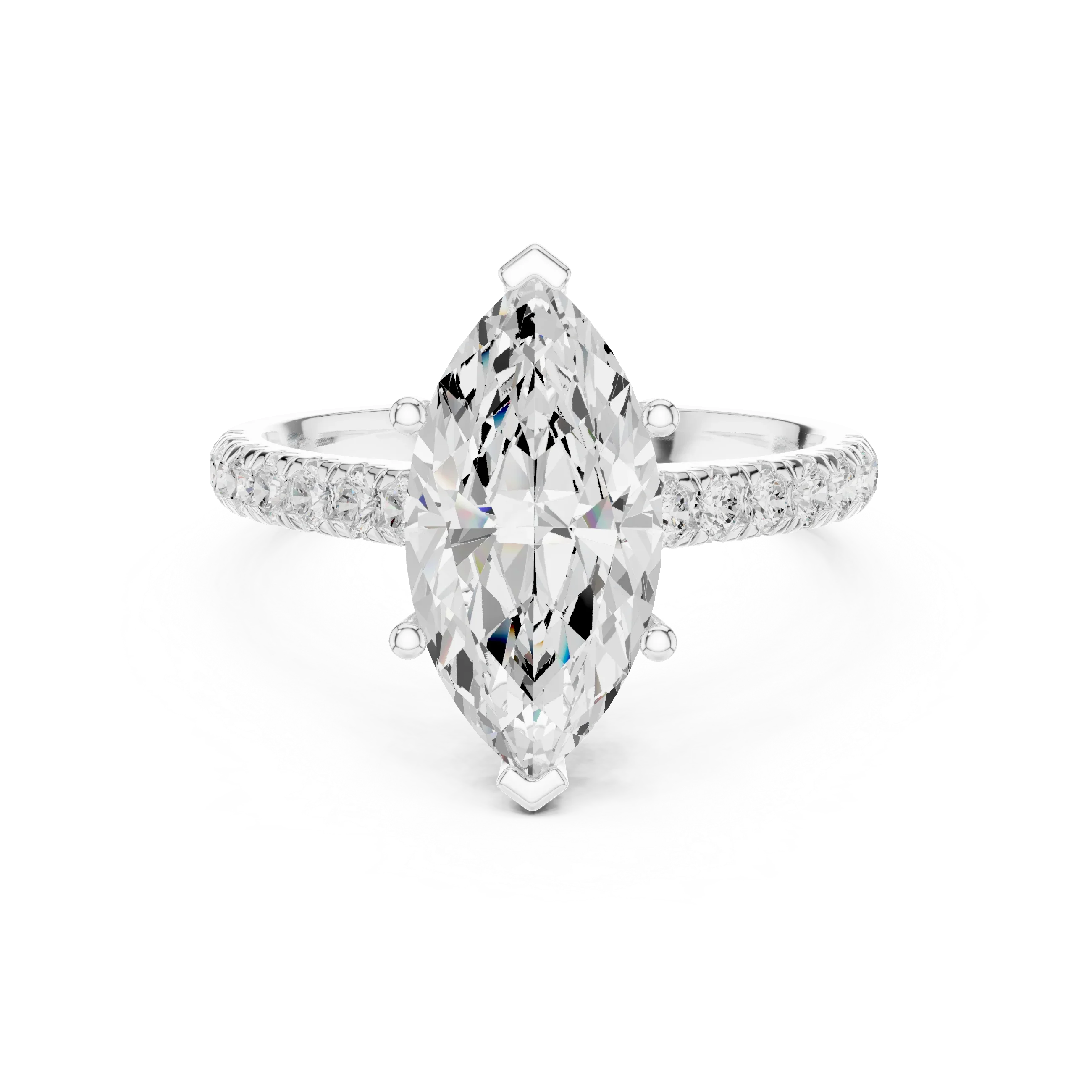 3.67 CTW Marquise Moissanite Cathedral Engagement Diamond Ring with Slim Micropavé Band in 18K White Gold