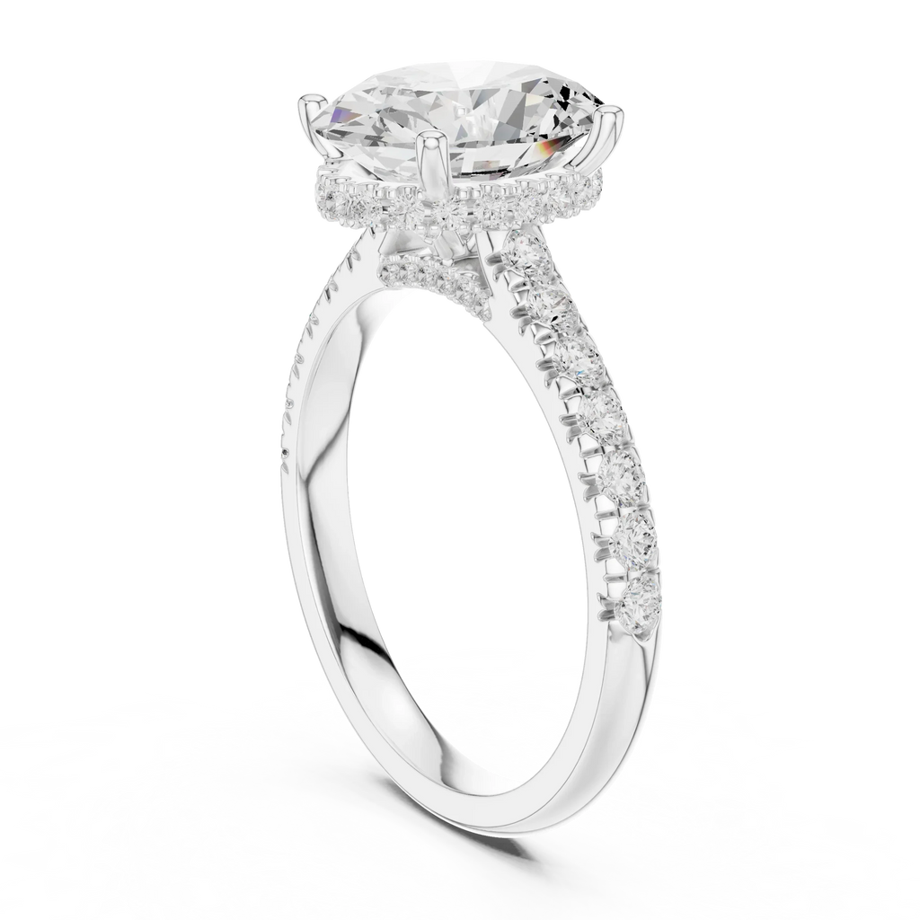 3.67 CTW Oval Moissanite Cathedral Engagement Diamond Ring with Slim Micropavé Band in 18K White Gold