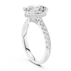 3.67 CTW Oval Moissanite Cathedral Engagement Diamond Ring with Slim Micropavé Band in 18K White Gold