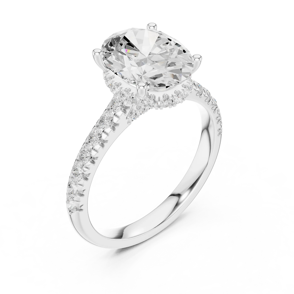 3.67 CTW Oval Moissanite Cathedral Engagement Diamond Ring with Slim Micropavé Band in 18K White Gold