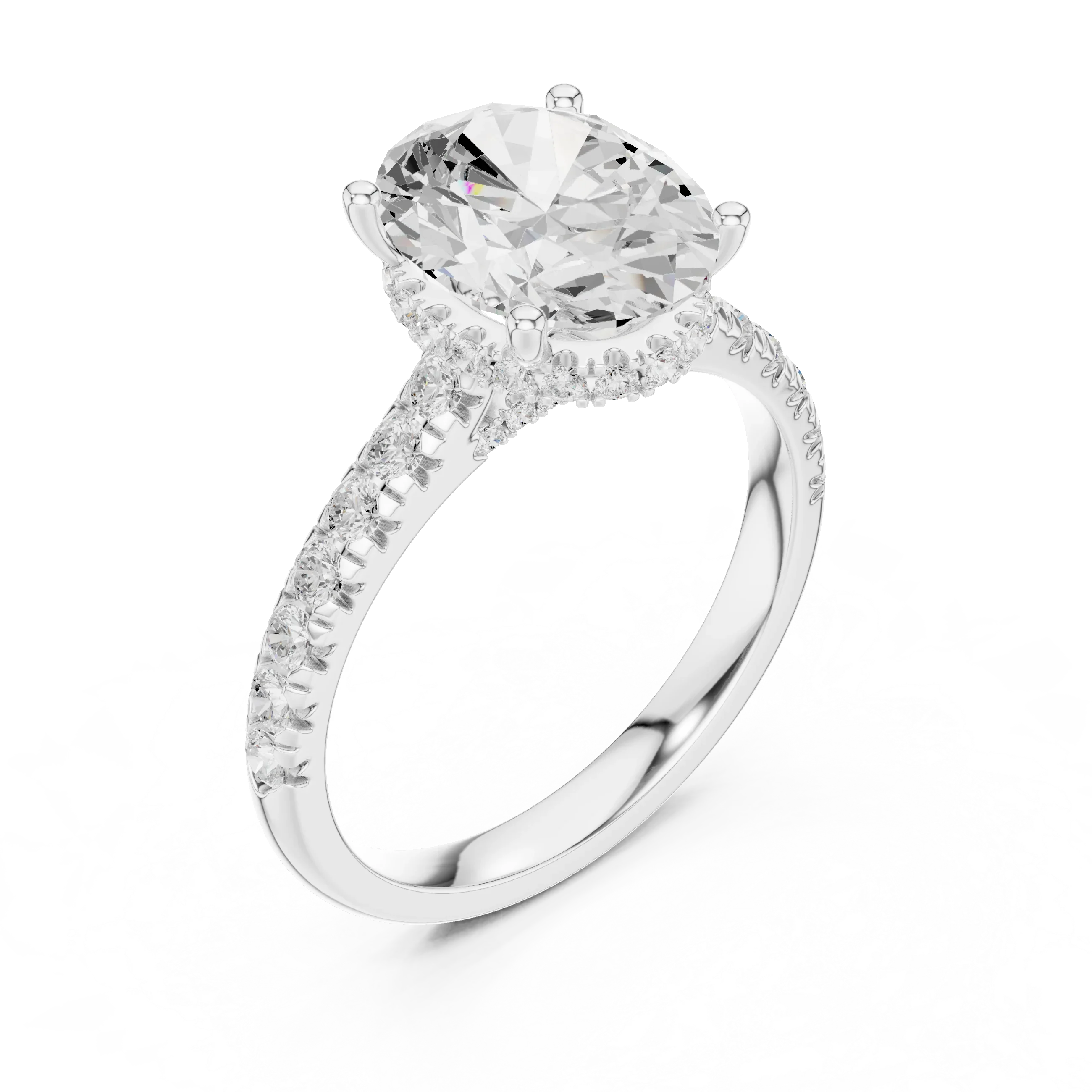 3.67 CTW Oval Moissanite Cathedral Engagement Diamond Ring with Slim Micropavé Band in 18K White Gold