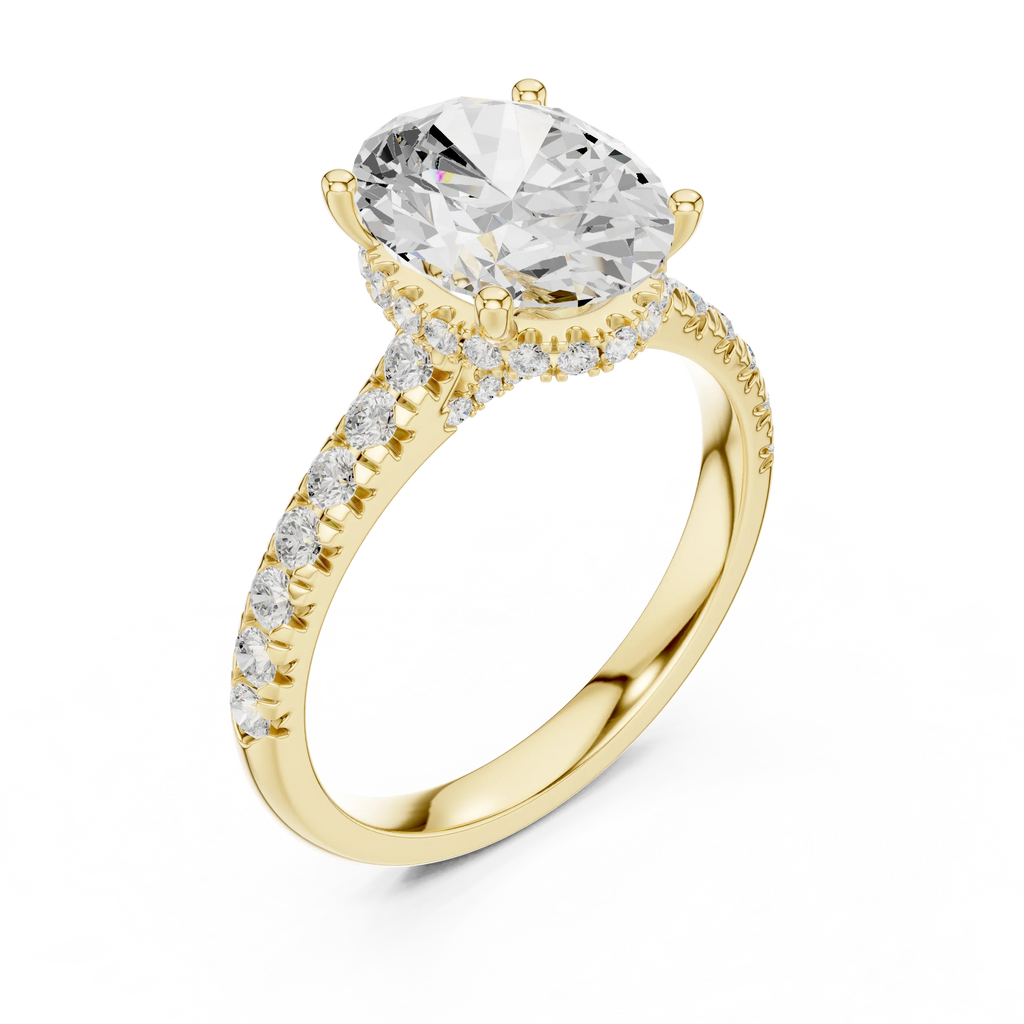 3.67 CTW Oval Moissanite Cathedral Engagement Diamond Ring with Slim Micropavé Band in 18K White Gold