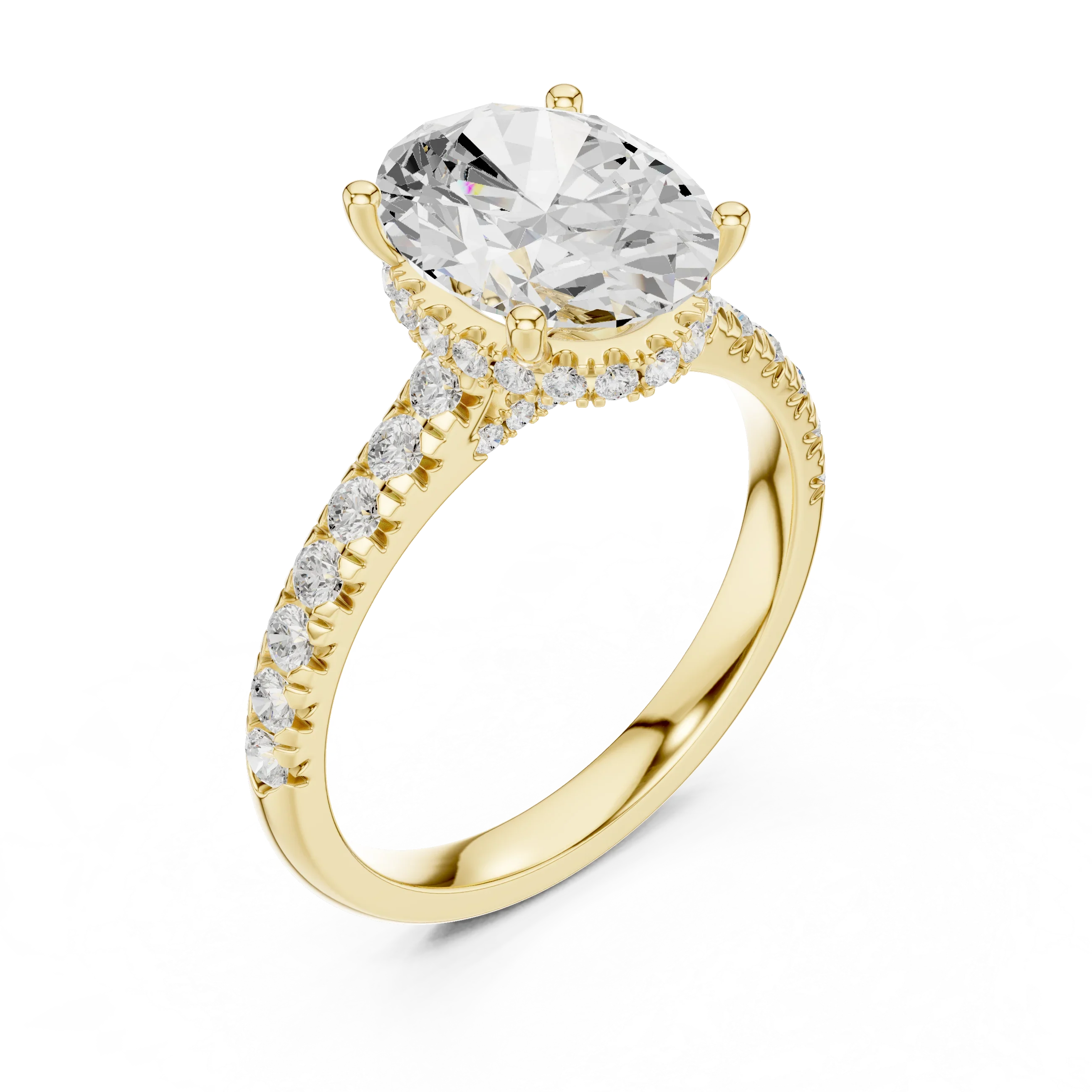 3.67 CTW Oval Moissanite Cathedral Engagement Diamond Ring with Slim Micropavé Band in 18K White Gold