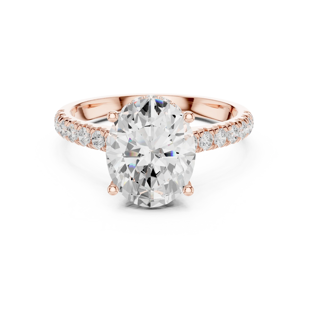 3.67 CTW Oval Moissanite Cathedral Engagement Diamond Ring with Slim Micropavé Band in 18K White Gold