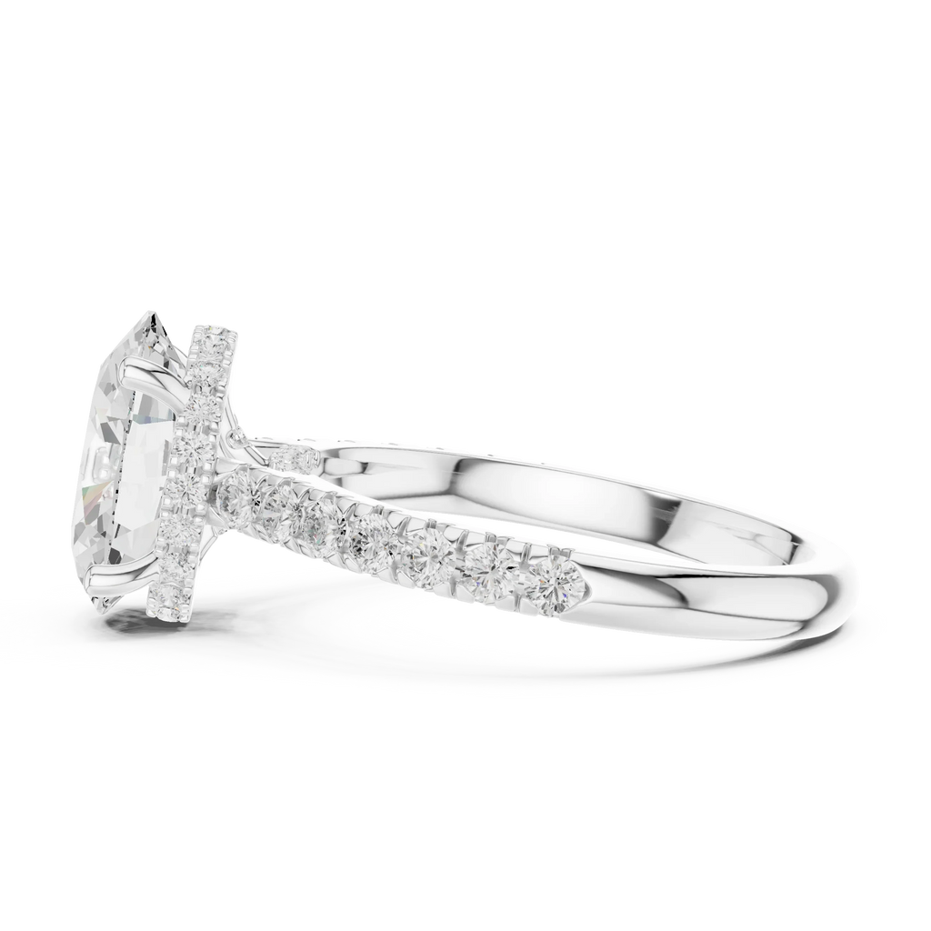 3.67 CTW Oval Moissanite Cathedral Engagement Diamond Ring with Slim Micropavé Band in 18K White Gold